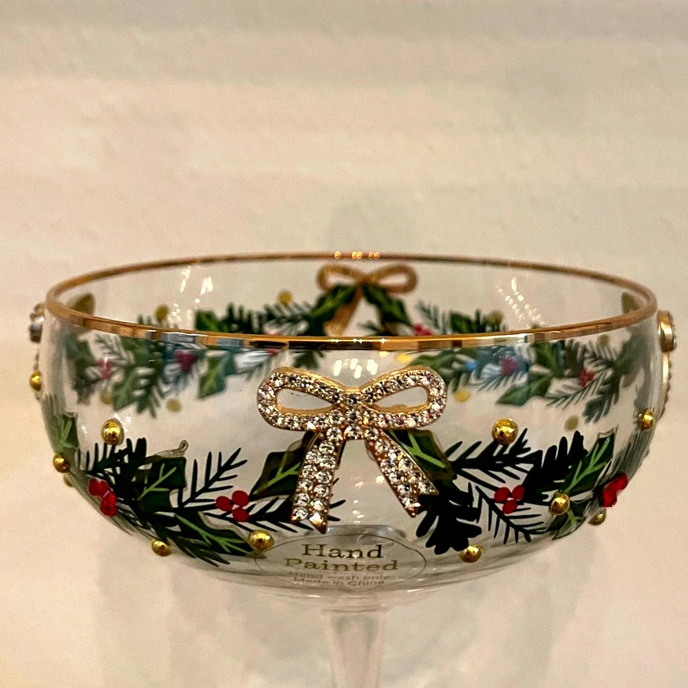 Christmas COUPE GLASSES Hand Painted & Jeweled Gold Bows Holly Garland Set of 2